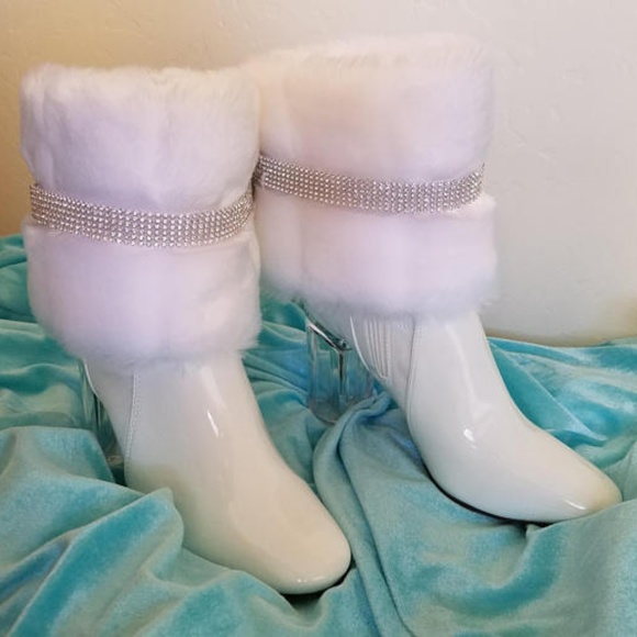 Snow Angel White Faux Mink Crystal White Booties